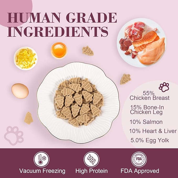 Dylan's cabin Freeze-Dried Chicken Cat & Dog Treats - High Protein Tree Bites with Bone-in Thigh, Salmon Training Kitten Puppy Snack for Coat Oral Health, 84pcs