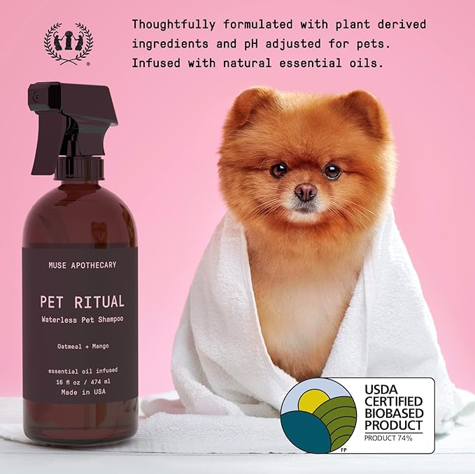 Muse Apothecary Pet Ritual Aromatic Waterless Dog Shampoo - No Rinse Dry Shampoo for Dogs & Cats - Essential Oils Infused, 16oz, Oatmeal + Mango