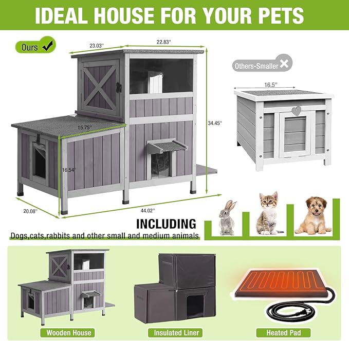 Heated Cat House Outdoor Insulated Cat Cage with Heating Pad for Winter, Feral Kitty Shelter Waterproof Roof,23" D x 44" W x 34.5" H