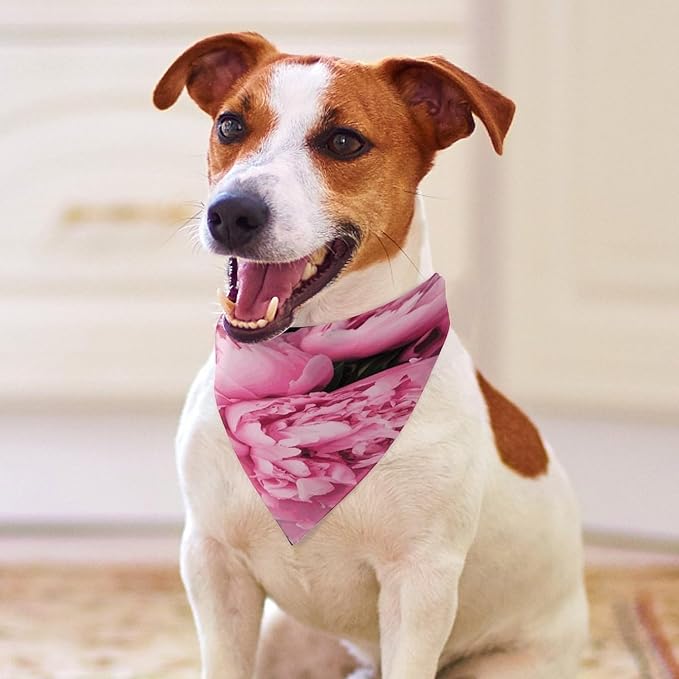 Dog Bandana Spring Pet Scarf Adjustable Triangle Pink Peony Printing Dog Bib Washable Polyester Puppy Bandana for Small Medium Large Dogs Cat Birthday Party Supplies