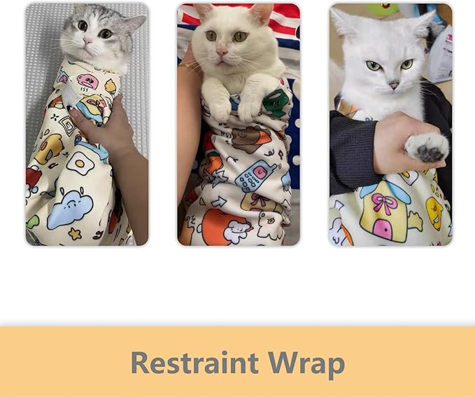 Cat Grooming Wrap - Multifunctional Anti-Bite & Scratch Blanket for Nail Trimming, Medicine, and Injection, Self-Sticking Wrap for Calm & Safe Pet Care (Cute Prints, M-21.7inch Within 6lbs)