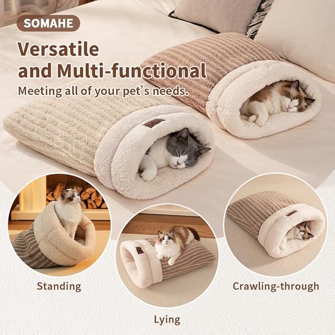 Cat Sleeping Bag for Indoor Cats, Self Warming Cat Bed Cave Fits up to 15 lbs Pets, Pet Sleeping Bed with Plush Portable Snuggle Sack/Hideway 17''×21''White