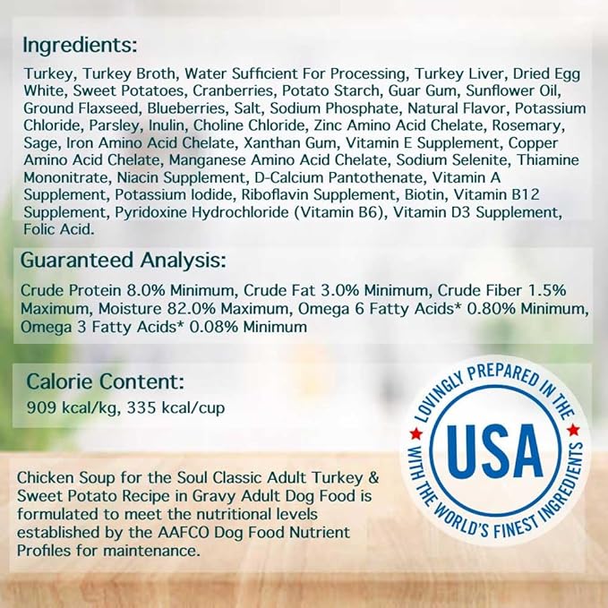 Chicken Soup for the Soul All Natural Premium Adult Wet Dog Food, Real Meat First Ingredient, No By-Products/Artificial Flavors/Preservatives, Turkey & Sweet Potato Cuts in Gravy, 13oz (Pack of 12)