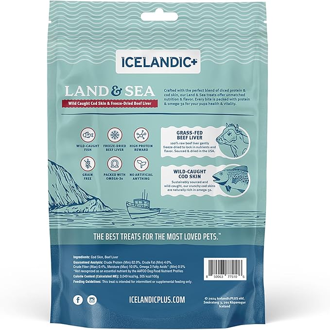 Icelandic+ Land & Sea: Wild Caught Cod Skin & Freeze-Dried Beef Liver - 2.4oz Bag, Dog Treat & Food Topper, 2 Ingredients, No Preservatives, Natural