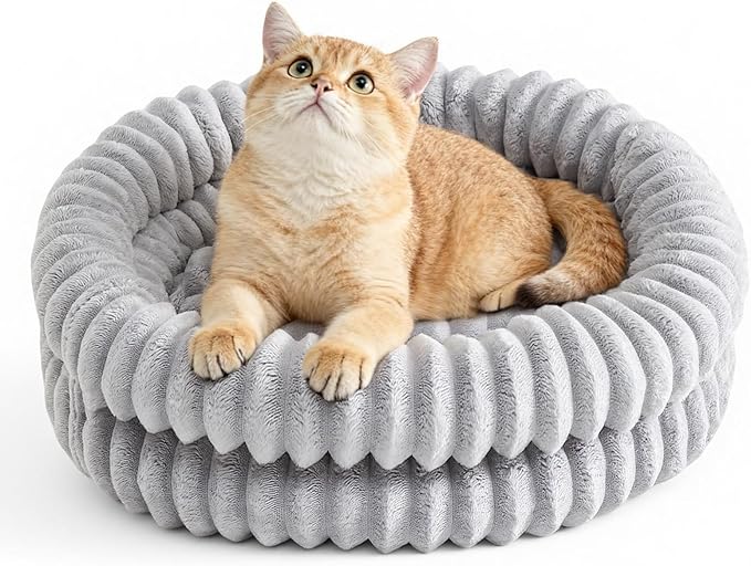Cat Beds for Indoor Cats, Machine Washable Orthopedic Donut Dog Bed for Small Dogs, Fluffy Round Pet Bed with Anti-Slip Bottom for Puppy and Kitten, Gray, 20"x20"x6.5"