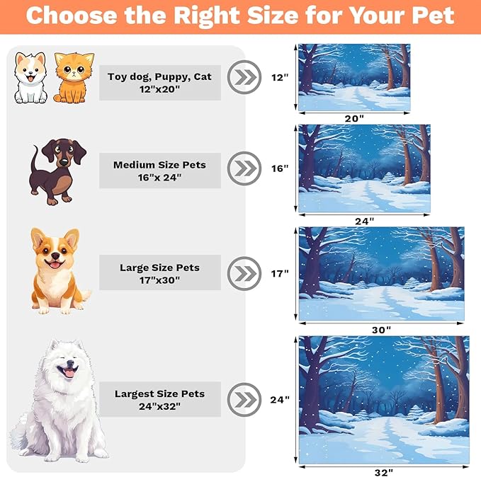 Winter Forest Dog Food Mat for Floors Absorbent, Quick Dry Water Dispenser Mat for Food, Water, Pet Supplies 16" x 24", White Snowy