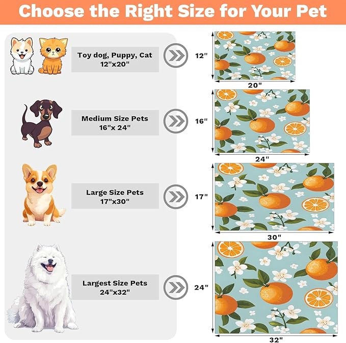 Orange Fruit Dog Food Mat for Floors Absorbent Dog Bowl Mat for Food and Water Dispenser Quick Dry Cat Food Placemat Pet Supplies 17" x 30", Citrus Green Leaves