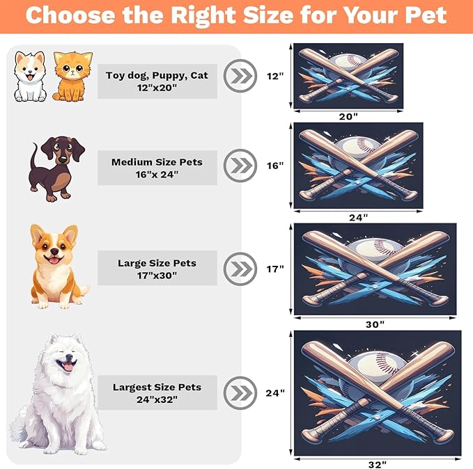 Baseball Bat Dog Food Mat for Floors Absorbent, Quick Dry Water Dispenser Mat for Food, Water, Pet Supplies 17" x 30", Sport Theme