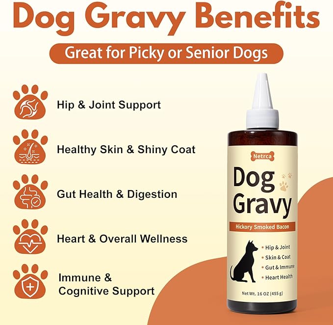 Dog Gravy Topper – Bacon Flavor for Picky Dogs, with Essential Vitamins & Functional Nutrients for Hip & Joint Support, Turn Basic Kibble into a Power-Packed Meal – 16 OZ