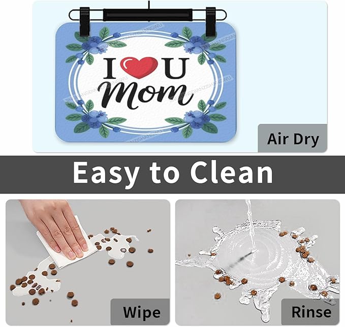 Non Slip Mat for Dog Pet Cat Dog Food Mats Happy Mother's Day Floral Gift for Mom Blueberry Water Bowl Mat Quick Dry Absorbent Cat Feeding Mats 18X12In