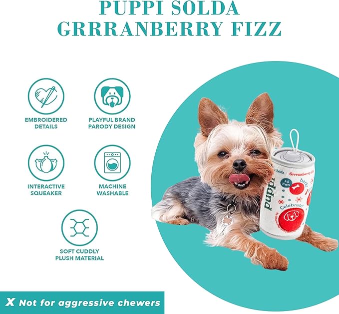 Haute Diggity Dog Puppi Solda Grrranberry Fizz Plush Dog Toy for Small, Medium & Large Dogs, Interactive Funny Parody Squeaky Toys, Soft, Durable, Machine-Washable, Safe & Cute Birthday Gift for Dogs