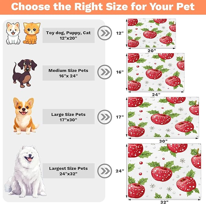 Merry Christmas Dog Food Mat for Floors Absorbent Dog Bowl Mat for Food and Water Dispenser Quick Dry Cat Food Placemat Pet Supplies 12" x 20", Red Apples