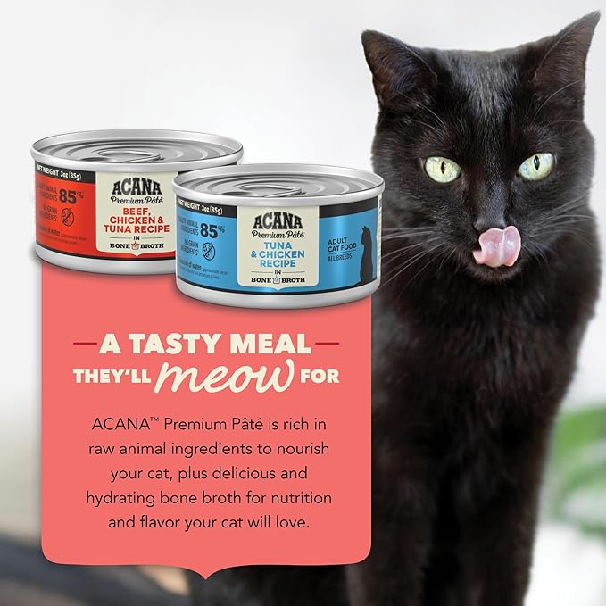 ACANA Premium Pate Wet Cat Food in Bone Broth Variety Pack: Surf and Turf – Beef Chicken & Tuna + Tuna & Chicken Recipes 3oz Cans (12 Count, 6 of Each)