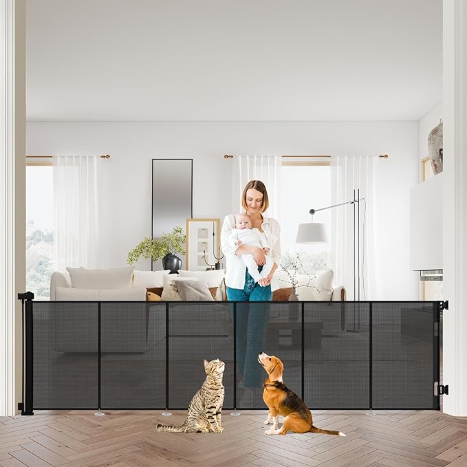 34" Tall Retractable Baby Gates, Extra Wide 118" Retractable Safety Gate with Reinforced Strips, Extra Long Dog Gate for Large Openings & Doorways Mesh Pet Baby Gates Indoor & Outdoor, Black