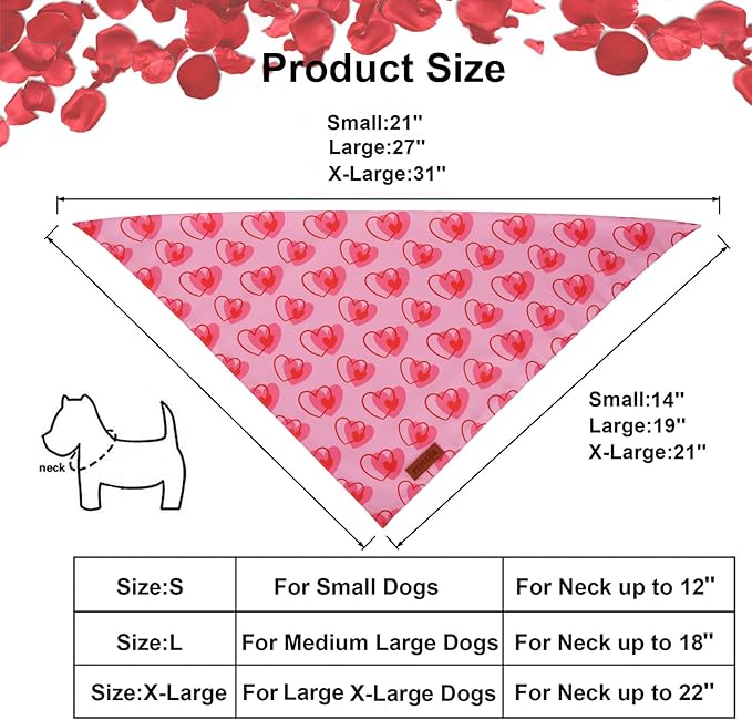 PTDECOR Valentine Dog Bandana, Reversible Heart Print Valentine Pet Scarf, Premium Durable Fabric, Pink Bandanas for Medium Large Dogs (Large)