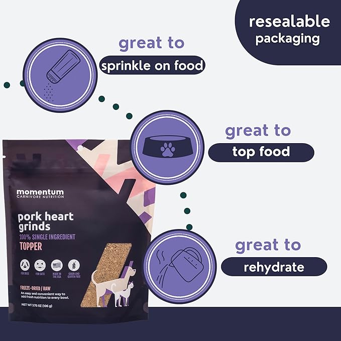 Momentum Carnivore Nutrition Freeze-Dried Pork Heart Pet Food Topper – Single-Ingredient, All-Natural Topper – High-Protein for Dogs and Cats, Grain-Free and Made in The USA– (3.75 oz Bag)