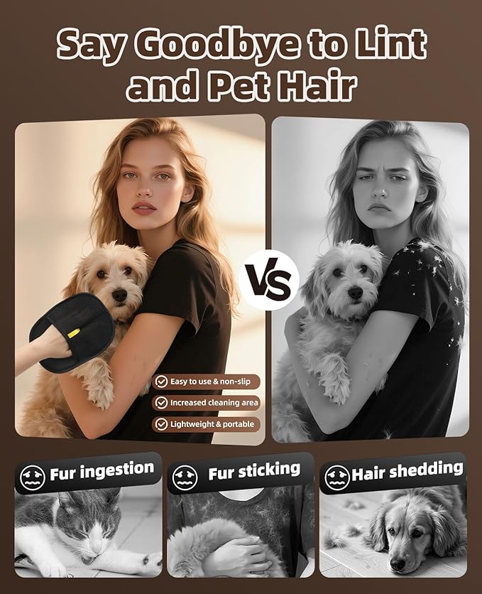 Pet Hair Removal Gloves, Upgraded Pet Hair Grooming Brush for Cats & Dogs, Reusable Electrostatic Pet Hair Remover Tool for Animal Fur, Furniture, Clothing, Carpets, Curtains (Black-6pcs)