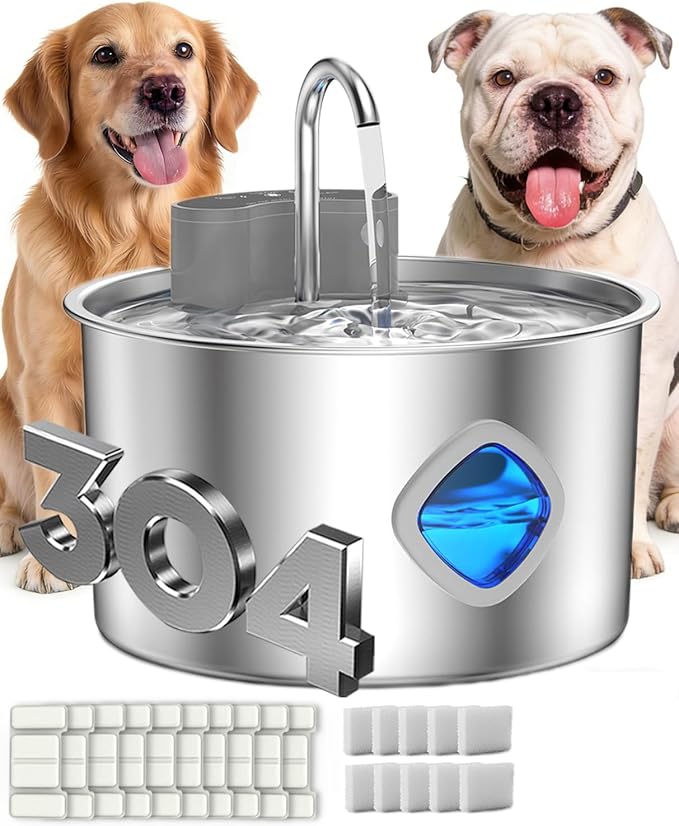 Dog Water Bowl, 3.2L Cordless Dog Water Fountain Bowl, 3 Smart Dispensing Modes,Quad Filtration and Continuous Water Flow,Stainless Steel Easy-to-Clean,Quiet Pump (Rechargeable+10Set Filter)