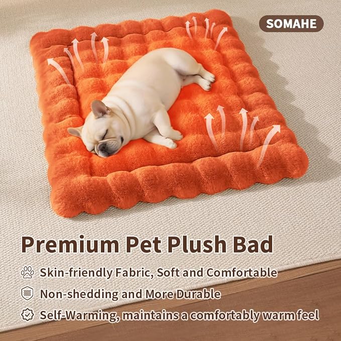 Self-Warming Cat Bed, Plush Faux Fur Pet Bed Mat with Anti-Slip Bottom, Ultra Soft Heated Bed for Cats & Medium Dogs, Cozy Fluffy Pad for Couch & Crate, Machine Washable, 27x20 Inch Orange