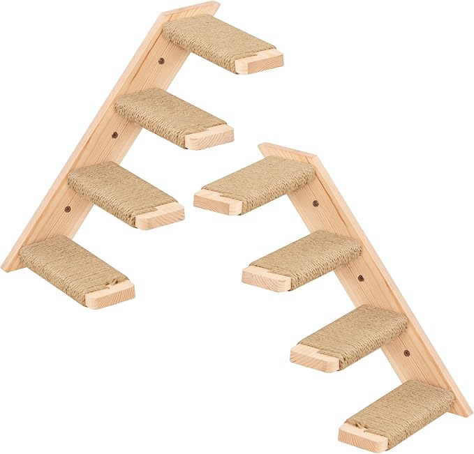Cat Climbing Stair Shelf, Wall Mounted Ladder 2PCS 4 Steps Reversible Left & Right Direction, for Cats up to 15 Pounds, Cat Stairway with Jute Scratching Ladder Shelves for Kitten Perch Sleeping