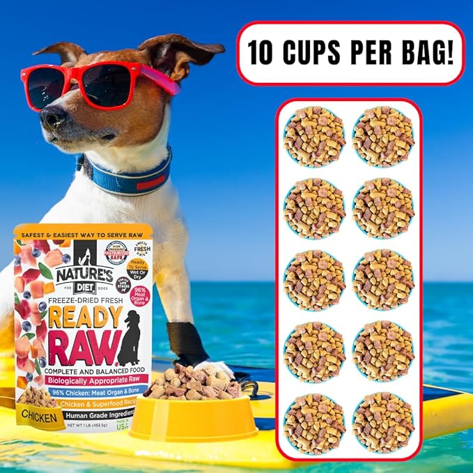Nature's Diet Ready Raw : Freeze-Dried Raw Dog Food, Chicken, Human Grade, High Pressure Pasteurized (HPP), 96% Meat, Organ, Bone, Safe & Natural, Dry or Wet Feeding