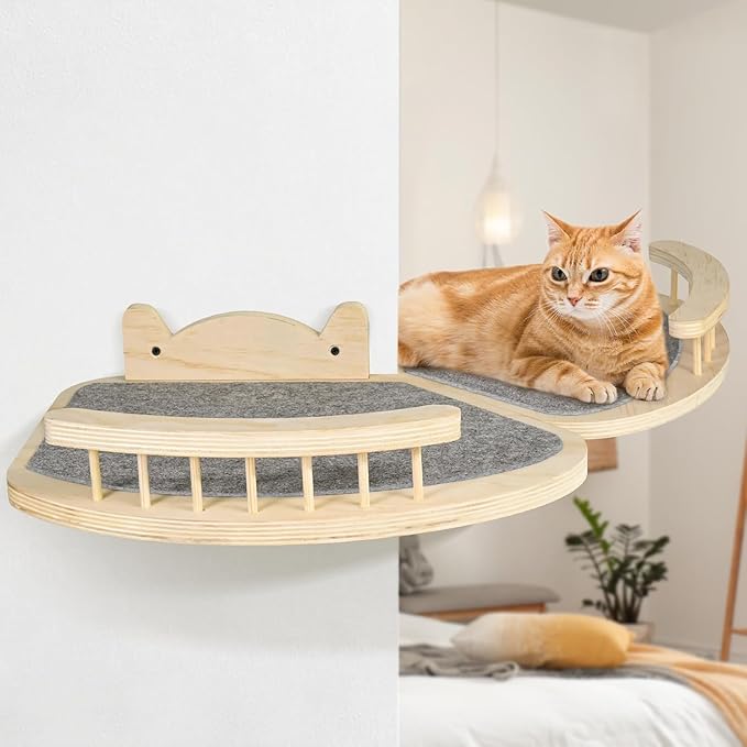 Cat Wall Shelves Furniture Set with Scratching Pad，Wooden Cat Climbing Wall Systems with 2 Perches and 3 Steps, Floating Shelves Bed Wall Mounted for Indoor Fit Up to 15Lbs (Burlywood)