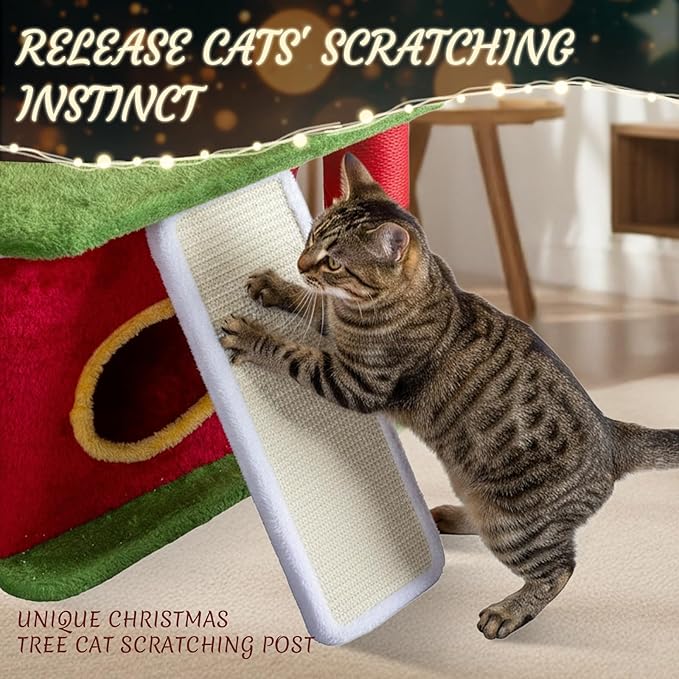 Outvita 48.5in Christmas Themed Plush Cat Tree, Multi-Level Cat Tower with Cat Condos, Top Perch, Sisal Ramp Scratching Board, Large Cat Pet Activity Center for Indoor Cats