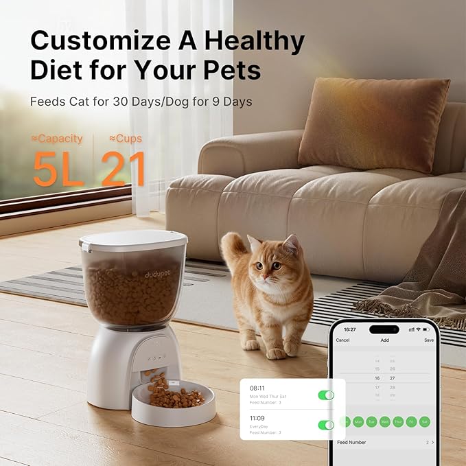 Automatic Cat Feeder with WiFi, App Control Automatic Pet Feeder, 5L Cat Food Dispenser Remote Feeding,10 Meals Programmable 1-15 Portion Control with Stainless Steel, Auto Dog Feeders Dry Food Only