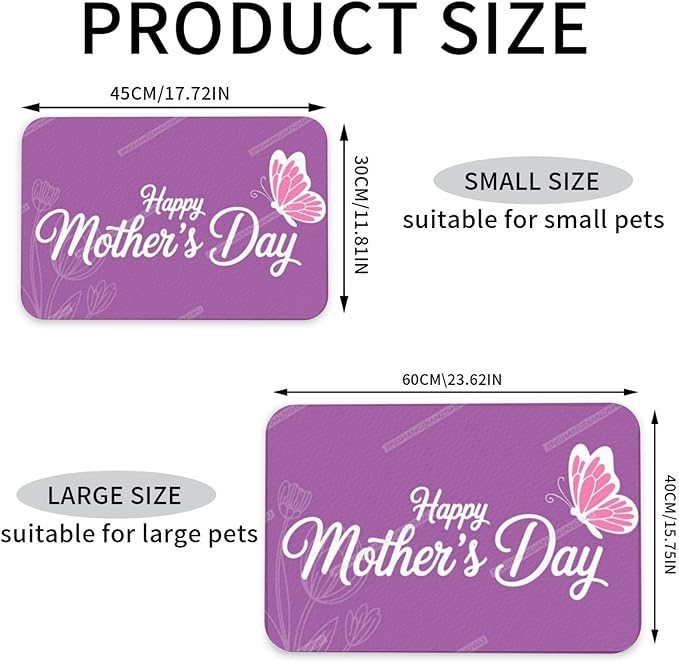 Non Slip Mat for Dog Pet Cat Dog Food Mats Purple Happy Mother's Day Floral Gift for Mom Ch Water Bowl Mat Quick Dry Absorbent Cat Feeding Mats 18X12In