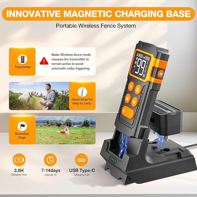 Wireless Dog Fence System - Electric Fence for Dogs 1000 FT Range Adjustable,Dog Training Collar with Remote Control 3 Training Modes, Rechargeable Collar,Dog Fence Wireless Magnetic Charging Base