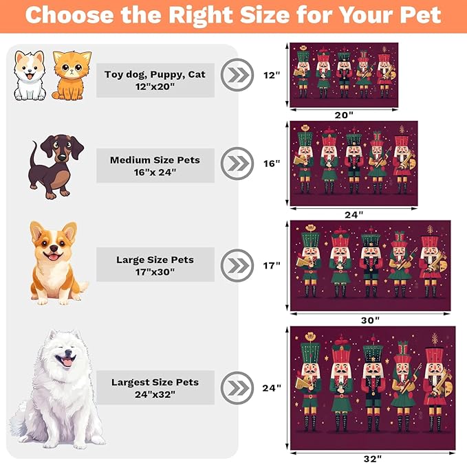 Nutcrackers Xmas Dog Food Mat for Floors Absorbent, Quick Dry Water Dispenser Mat for Food, Water, Pet Supplies 12" x 20", Merry Christmas