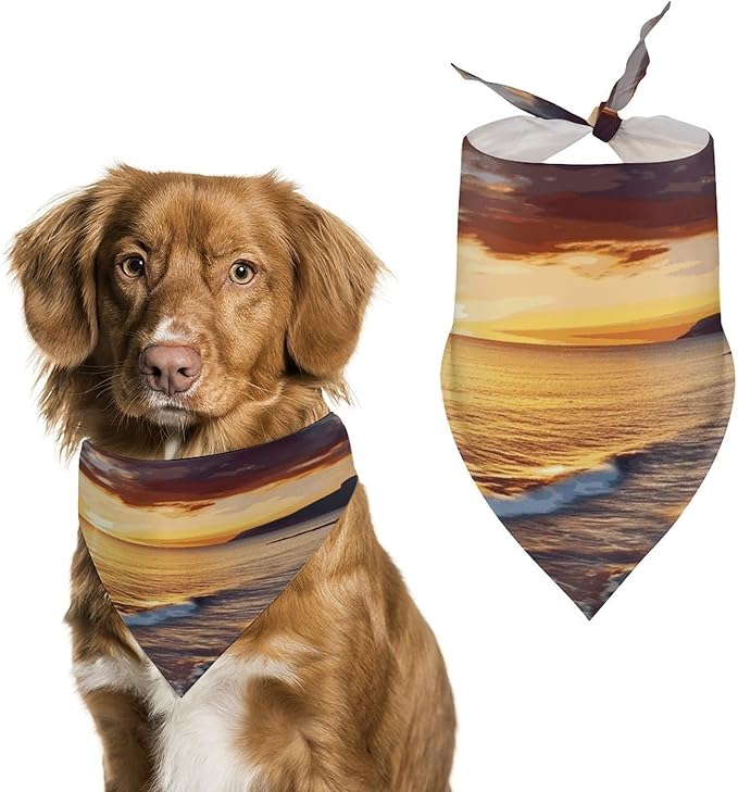 Dog Bandana Spring Pet Scarf Adjustable Triangle Seaside Sunset Printing Dog Bib Washable Polyester Puppy Bandana for Small Medium Large Dogs Cat Birthday Party Supplies