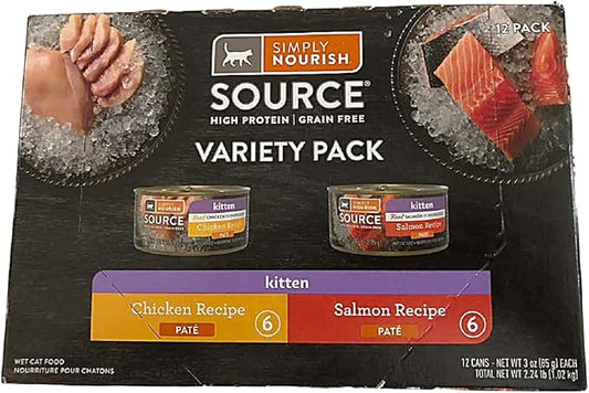 Source Kitten Wet Food Variety Pack, High Protein Grain Free Pate, Chicken and Salmon Recipe, 12 Count 3 oz Cans