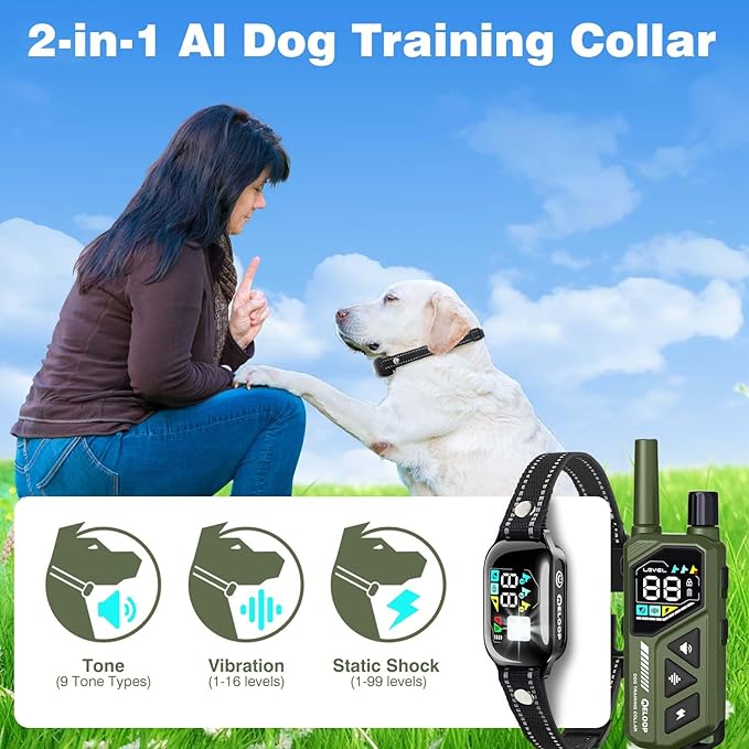 2-in-1 AI Anti-misoperation Smart Dog Bark Collar, Dog Training Collar with 3300FT Remote, IPX7 Waterproof Automatic Anti-Barking Device for 1 Dog with Beep, Vibration, Safe Shock Modes