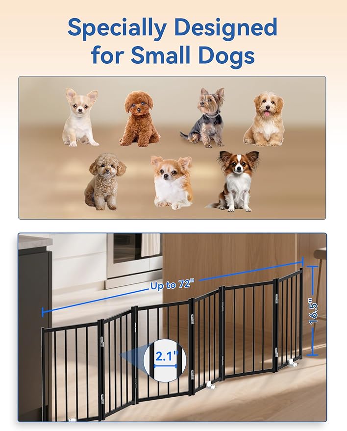 BFNN Metal Short Dog Gate, 16.5" High to Step-Over, Free Standing Foldable Pet Gate, Up to 72" Wide Puppy Fence for Stairs and Doorways, Indoor & Outdoor Use, No Drilling and No Assembly, Black