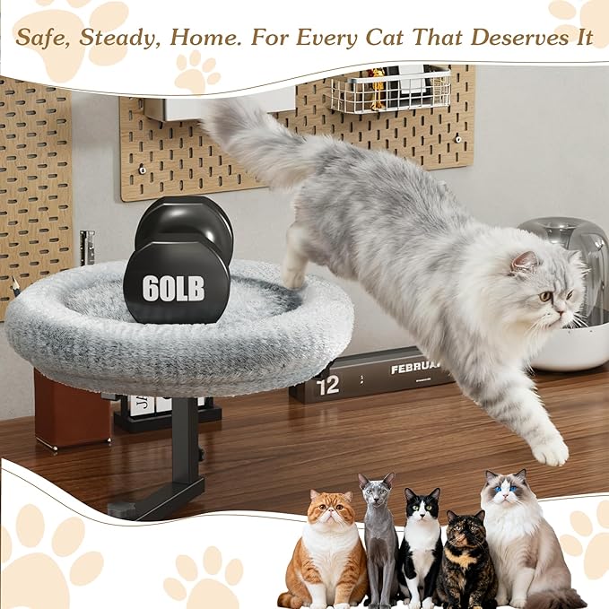 VERIFOST Cat Bed for Desk with Adjustable Height & 360 Rotation Elevated, Heavy-Duty Cat Desk Bed for Small Space, Soft & Comfortable Modern Unique Kitten Furniture, Indoor Cats Up to 60 lbs (Gray)
