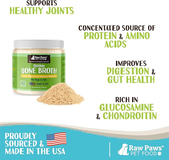 Raw Paws Bone Broth Powder Bundle - Beef Bone Broth for Dogs & Cats & Chicken Bone Broth for Dogs & Cats, 6-oz - Packed in USA - Protein Powder for Dogs and Cats - Gravy Topper for Dry Food - Supports