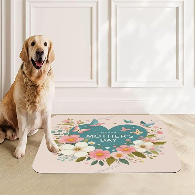 Pet Cat Dog Food Mat Absorbent Dog Feeding Mat Happy Mother's Day Floral Gift Mom Bird No Stains Cat Food Mats Indoor Pet Dogs Placemat Water Bowl Mats with Rubber Backing 24x16In