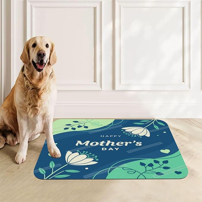 Pet Feeding Mat for Floors Waterproof Dog Mat for Food and Water Happy Mother's Day Floral Gift Mom Green Absorbent Quick Dry Non Slip Mats Cat Bowls 18X12In
