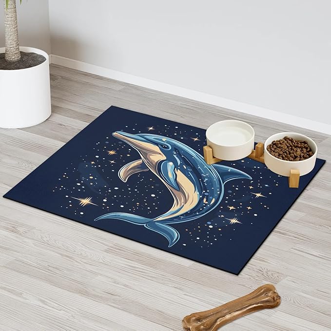 Dolphins Dog Food Mat for Floors Absorbent Dog Bowl Mat for Food and Water Dispenser Quick Dry Cat Food Placemat Pet Supplies 24" x 32", Galaxy Star