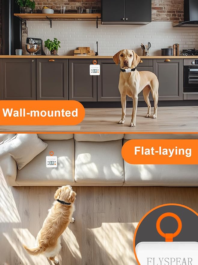 FLYSPEAR Wireless Pet Barrier - Rechargeable Indoor Barrier with 6 Adjustable Range Radius up to 7 ft, 6 Adjustable Safe Static Intensity, Electric Fence System for Dogs with Hook