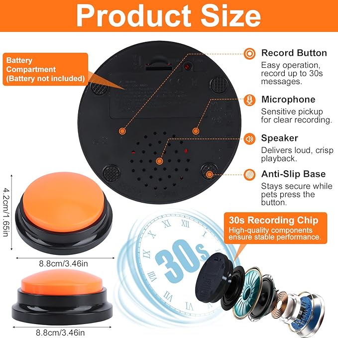 Dog Buttons for Communication, 8 Color Talking Button Set with 30s Recordable Voice, Pet Training Buzzers with 2 Bone-Shaped Mats & 2 Stickers, Talking Buttons for Dogs & Cats (Batteries Not Included)