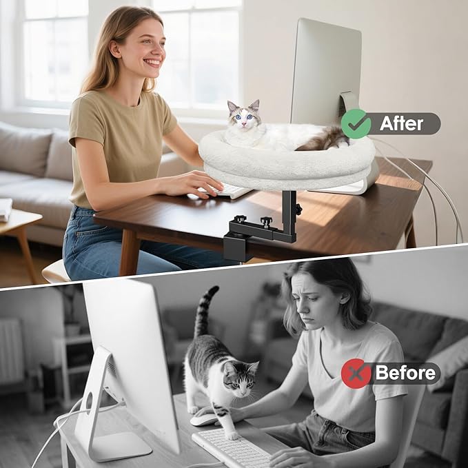 Large Cat Desk Bed, 360°Rotating & Adjustable Shelf, 18" Thickening Cat Bed for Desk, Soft Faux Fur with Mat, Suitable for Various Desktops - Maximum Hold Up to 50lb (White)