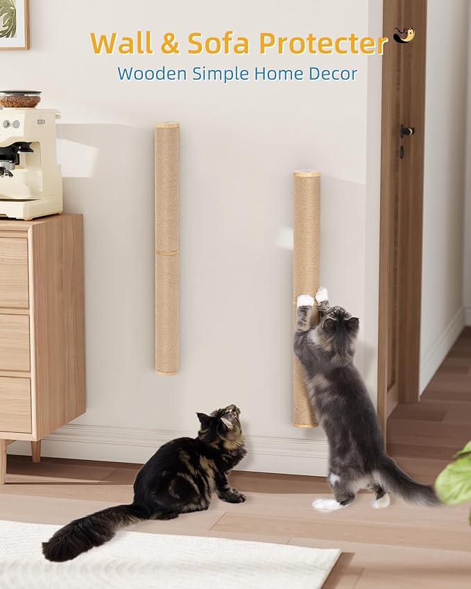 68" Wall Mounted Cat Scratcher, 2-Pcs of 34inch Tall Sisal Scratching Posts, Wall Mounted Cat Pole for Indoor Large Adult Cats Climb Stretch Play, Wooden