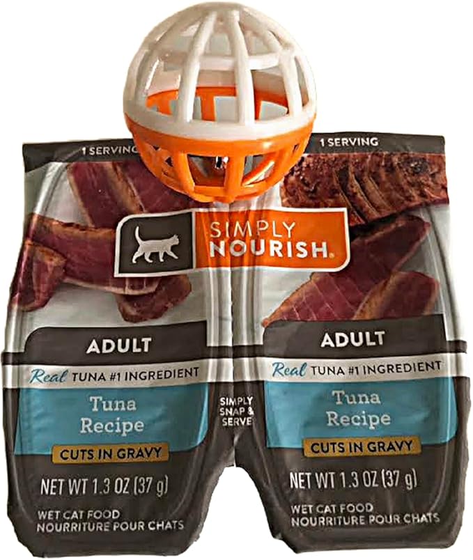 SIMPLY NOURISH Adult Cat Food Cuts in Gravy. 6 Split-Packs of 2 Individual Servings. 2.65 OZ Each. Plus Cat Toy Will Vary (Tuna Recipe)