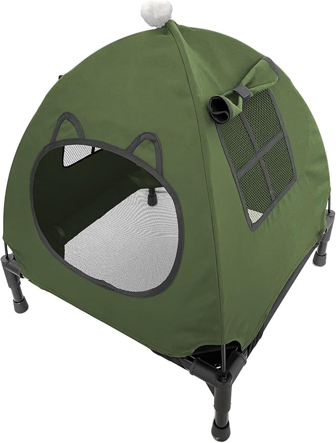 Pozico Elevated Pet Bed with Breathable Mesh for Small Cat and Dog, Raised Cooling Pet Cot for Puppy and Kitty, 18.9x18.9 inch (Olive Green Bed with Canopy)