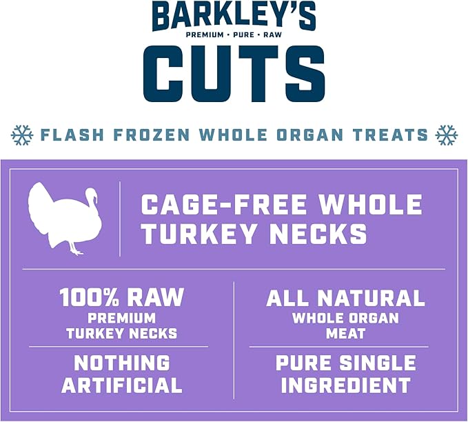 Barkley’s Cuts, Frozen Raw Sliced Turkey Necks Dog Treats, Single Ingredient, Flash Frozen, High Protein Training Treats and Food Toppers for Puppies and Dogs, Human Grade Ingredients, 16 Oz Bag