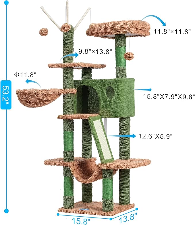 Hey-brother Cat Tree, 53 inch Cat Tower for Indoor Cats, Cat House with Padded Platform Bed, Toy Balls, Large Cozy Condo, Hammocks and Sisal Scratching Posts, Cactus MPJ019SCA