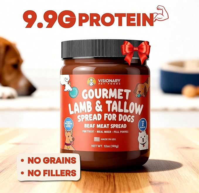 Visionary Pet Foods Lamb and Tallow Meat Spread, Dog Safe - Natural Peanut Butter Alternative - Digestive Support, No Additives - Meal Topper or Lick Mat Treat - 12oz Jar