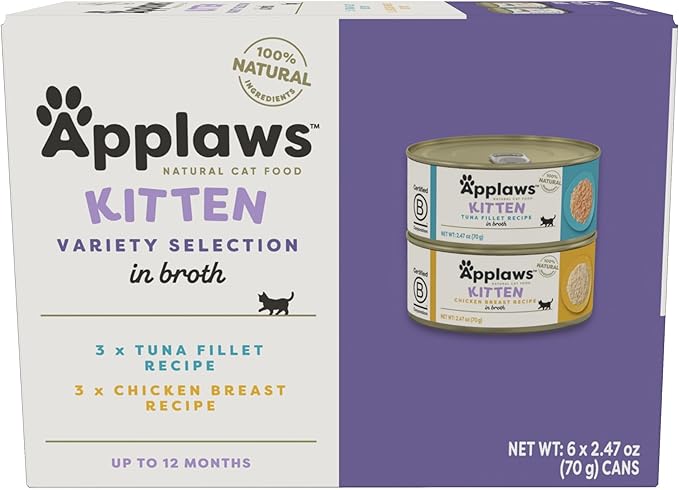 Applaws Natural Wet Kitten Food, Limited and Natural Ingredients, High Protein with No Artificial Additives, Kitten Variety Selection in Broth (6 x 2.47oz Cans)